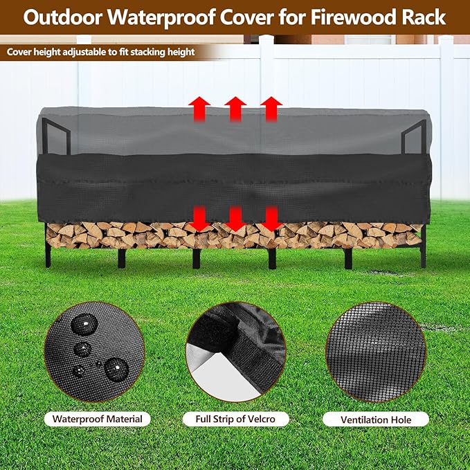 KYATE 8ft Firewood Rack Outdoor with Adjustable Cover Fireplace Wood Storage Indoor Heavy Logs Stand Stacker Holder Strong Lumber Racks Outside for Courtyard Patio