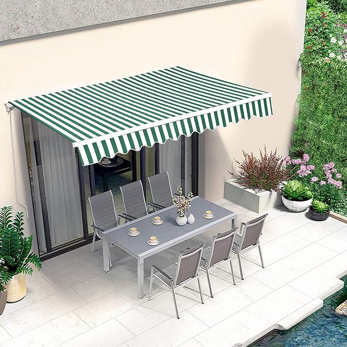MCombo 13.2x7.8 Feet Manual Retractable Patio Door Window Awning Sunshade Shelter Outdoor Canopy,1308 (Green with White Stripes, 13.2'(L) x 7.8'(W))