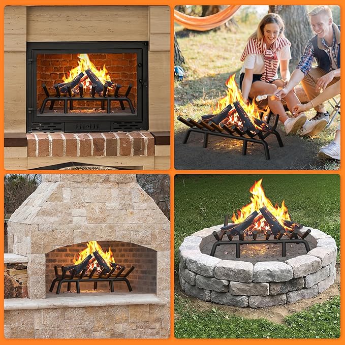 Fireplace Grate 30 Inch with 8 Support Legs, Round Solid Steel Heavy Duty Fireplace Log Holder with Fire Tongs & Poker, Fireplace Log Grate for Indoor Fireplace and Outdoor In-ground Firepit