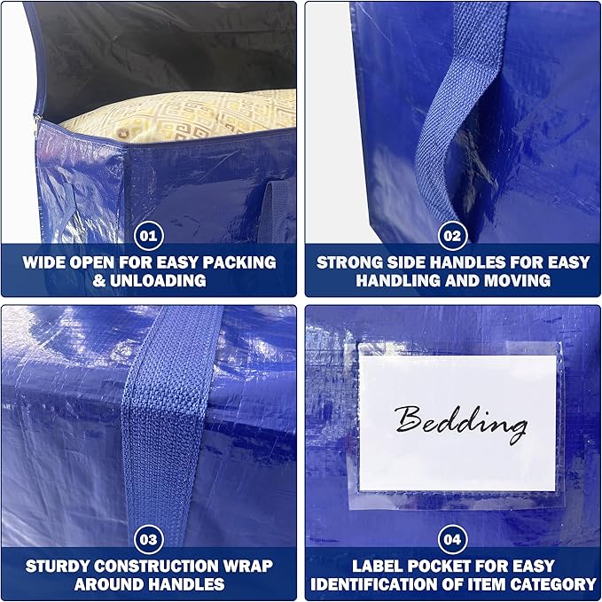 12 Pack Extra Heavy Duty Large Moving Bags with Strong Zipper & Carrying Handles, Sturdy Clothes Storage Bag Totes Bins, Packing Bags Moving Boxes College Moving Supplies, Dark Blue - 33 gal