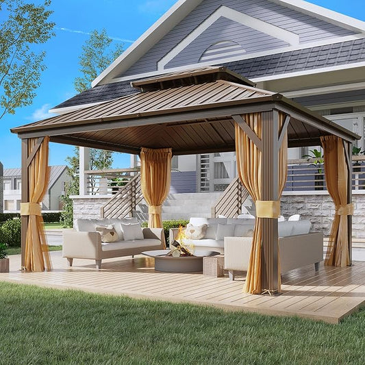 YOLENY 12' x 14' Gazebo, Hardtop Gazebo with Aluminum Frame, Double Galvanized Steel Roof, Curtains and Netting Included, Metal Gazebos Pergolas for Patios, Garden, Parties, Lawns