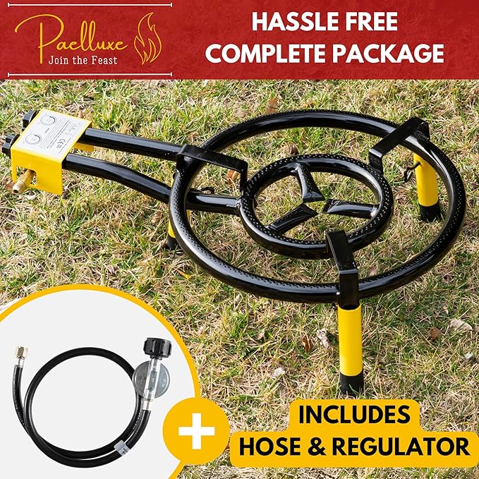 Paella Burner and Stand Set 16 Inch Dual Ring Propane Burner Outdoor Stove with Table Top Stand & Regulator, Portable Gas Cooker Wok Burner for Camping, Crawfish Boil Cooking Outdoor Paellera