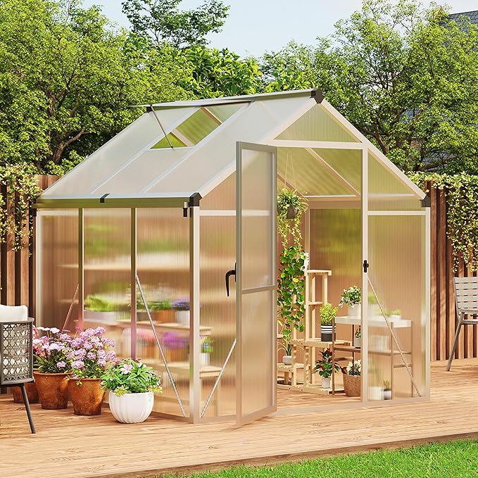 6x6 FT Greenhouse for Outdoors, Polycarbonate Greenhouse with Roof Vent, Ground Nails, Lockable Push Door, Aluminum Large Walk-in Green House for Outside Garden Backyard, Patio, Lawn, Silver
