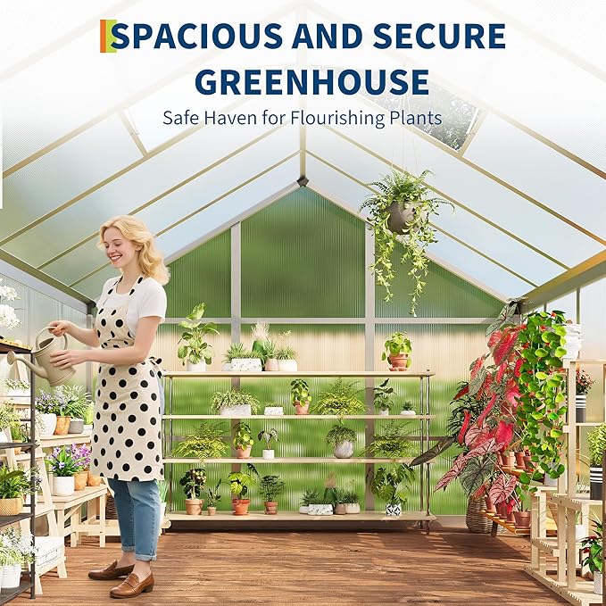6x10 FT Greenhouse for Outdoors, Polycarbonate Greenhouse with Roof Vent, Ground Nails, Lockable Push Door, Aluminum Large Walk-in Green House for Outside Garden Backyard, Patio, Lawn, Silver