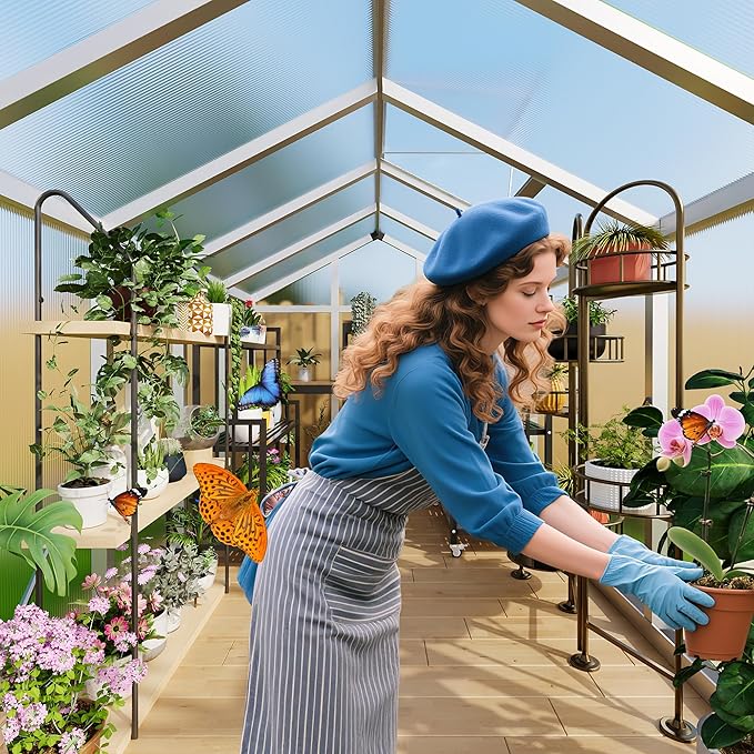6x6 FT Greenhouse for Outdoors, Polycarbonate Greenhouse with Roof Vent, Ground Nails, Lockable Push Door, Aluminum Large Walk-in Green House for Outside Garden Backyard, Patio, Lawn, Silver