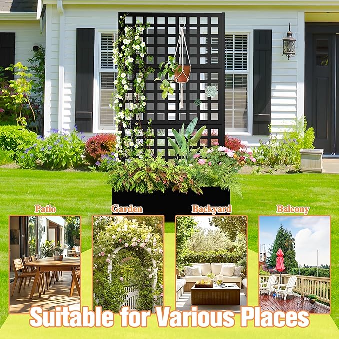 Metal Planter Box with Trellis & Wheels, Raised Garden Bed with Privacy Screen, Outdoor Standing Flower Beds with Drainage Hole for Climbing Plants, Vine, 35" Lx16 Wx71 H