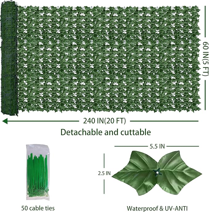 Artificial Fence Privacy Screen: 5FT x 20FT UV-Anti Faux Greenery Backdrop Ivy Chain Link Shades Panels for Patio, Balcony, Garden,Deck,Backyard Indoor Outdoor Green Wall Decor