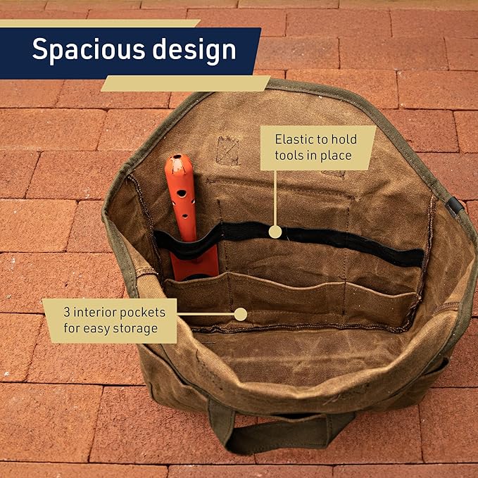 Garden Tool Bag - 12x14” Heavy Duty Waxed Canvas Tote Bag Caddy with 6 Interior and 3 Exterior Pockets for Organizing Gardening Tools - Gardening Gifts for Women and Men by Kings County Tools