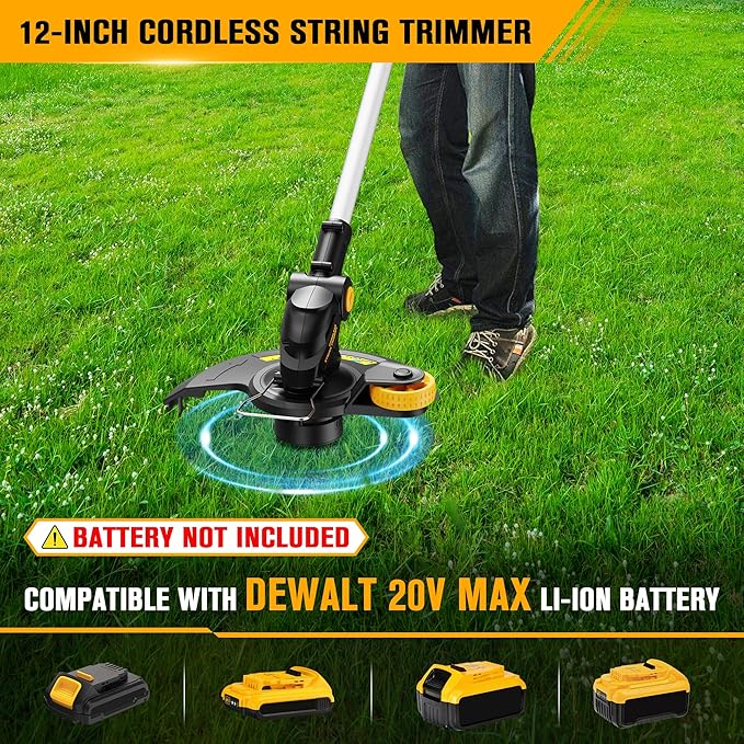 Cordless String Trimmer Compatible with Dewalt 20V Battery, 12-Inch Weed Wacker Cordless Auto Line Feed,Electric Weed Eater Battery Powered Grass Trimmer w/6 Line Spools(Tool Only)