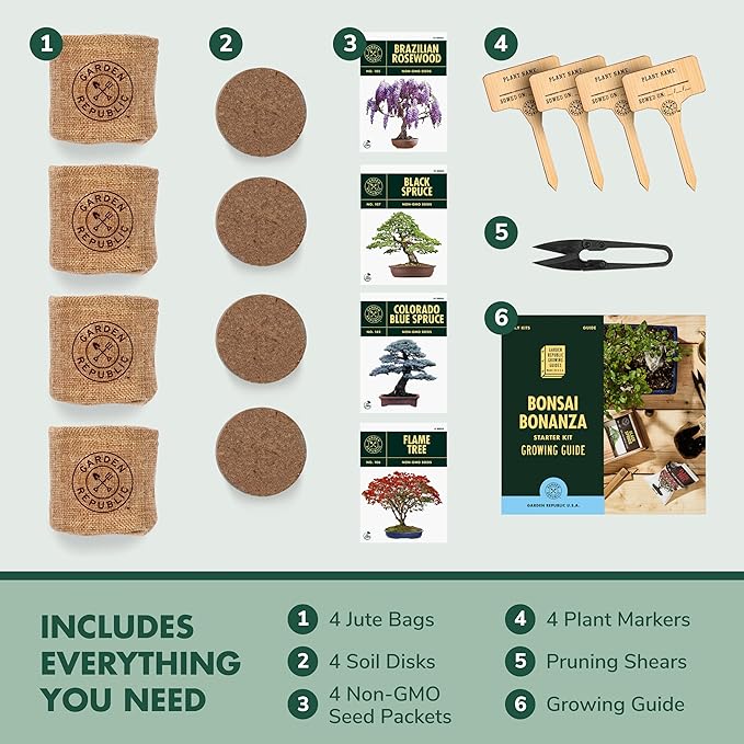 Garden Republic Bonsai Tree Kit - Mini Bonsai Seeds, 4 Types - Seed Starter Plant Growing Kit - Potting Soil Jute Bags Pruning Shears Scissor Tool Plant Markers - Gardening Gifts