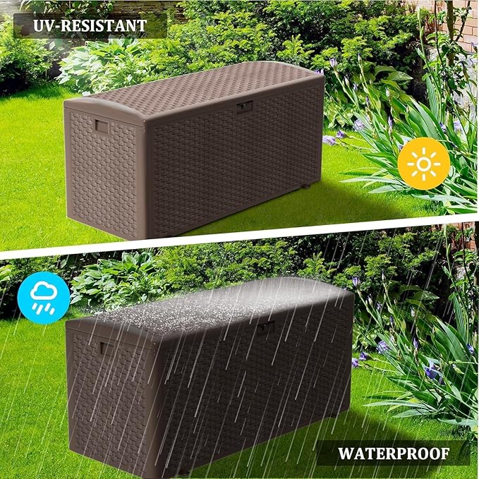 180 Pro Gallon Deck Box,Outdoor Storage Box Lockable,Waterproof for Patio Furniture, Garden Tools, Pool Accessories, Package Delivery Boxes For Outside, Brown