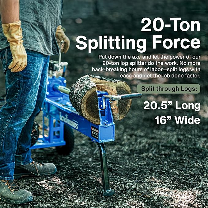 Landworks Log Splitter Portable 20 Ton Rapid Auto Return Ram System Bucher Gear Pump 7HP Engine Horizontal Full Beam Steel Wedge Firewood Splitting Forestry Harvesting