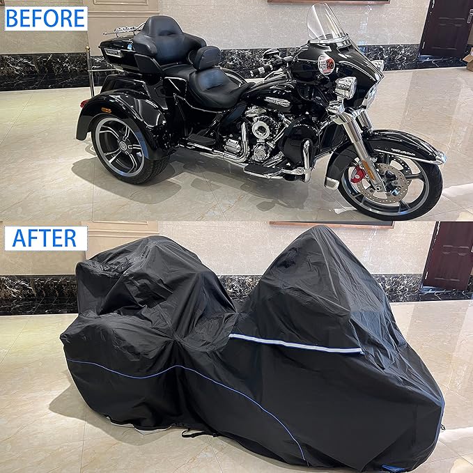 FENRIR 111" Trike Motorcycle Cover Waterproof Outdoor Storage Exhaust Pipe Anti-Scalding Antenna Hole Compatible with Harley Davidson Freewheeler TRI Glide Ultra Road Glide3 Trike Goldwing Roadmaster