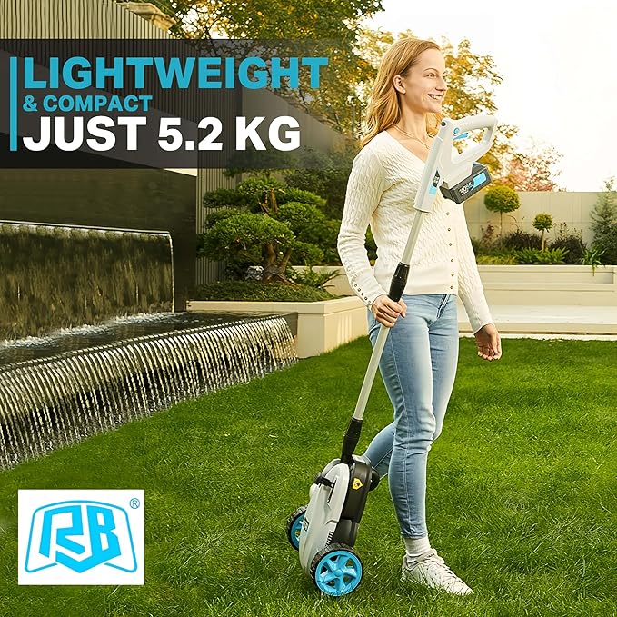 RB 9" Cordless Lawn Mower, 40V 2Ah Battery & Charger, Upright Storage, Brushless Motor 6000RPM, 3 Cutting Heights (1.2"-2"), One-Hand Steering, Detachable Handle, Safe Tilt 20°-70° for Small Yards