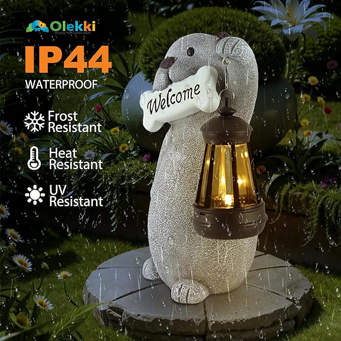 Solar Dog Statues for Garden Decor - Outdoor Dog 9.2in Figurines with Solar Lantern for Yard Patio Lawn Balcony Ornaments - Garden Gifts for Mothers Day, Grandma, Easter