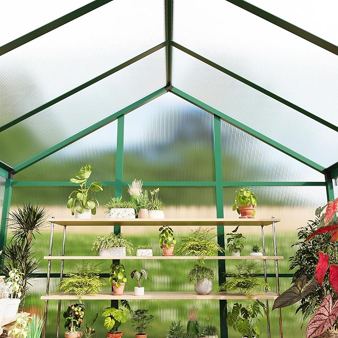 8x10 FT Greenhouse for Outdoors, Polycarbonate Greenhouse with Roof Vent, Ground Nails, Lockable Push Door, Aluminum Large Walk-in Green House for Outside Garden Backyard, Patio, Lawn, Green