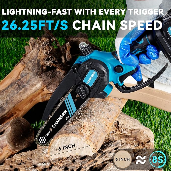EliteHome Mini Chainsaw Cordless 6 Inch Small Hand Held Chain Saw Battery Powered & Auto Oiler Portable Electric Chainsaws for Tree Trimming wood cutting 2 Batteries 3 Chains 2025