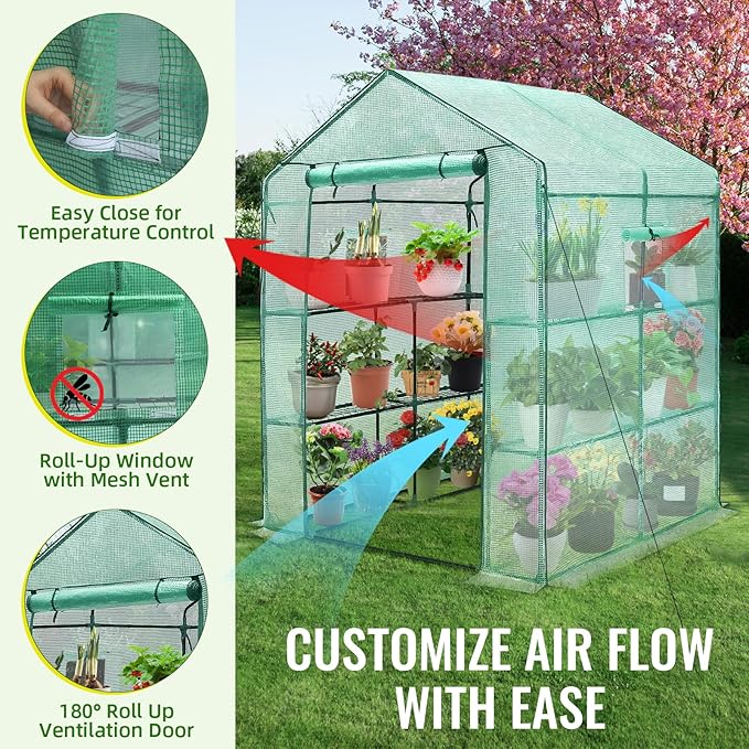 Greengro Greenhouse, 57 x 57 x 76'' Greenhouses for Outdoors, Durable Green House Kit with Window, Thicken PE Cover, 3 Tiers 8 Shelves, Heavy Duty Walk in Green Houses for Indoor Backyard Outside