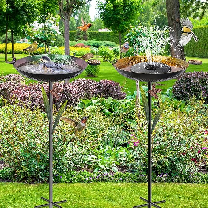 Metal Bird Bath for Outside, 41.5" Detachable Birdbath with Bowl & Decorative Birds, Easy to Clean Iron Garden Birdbath & Feeder for Outdoor Garden Lawn Yard Decor(Red+Yellow)