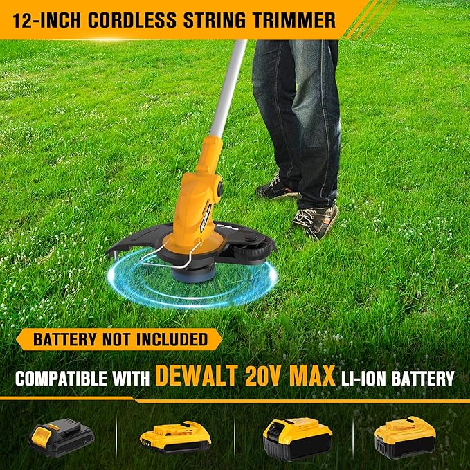 Cordless String Trimmer Compatible with Dewalt 20V Battery, 12-Inch Weed Wacker Cordless Auto Line Feed,Electric Weed Eater Battery Powered Grass Trimmer w/2 Line Spools(Tool Only)