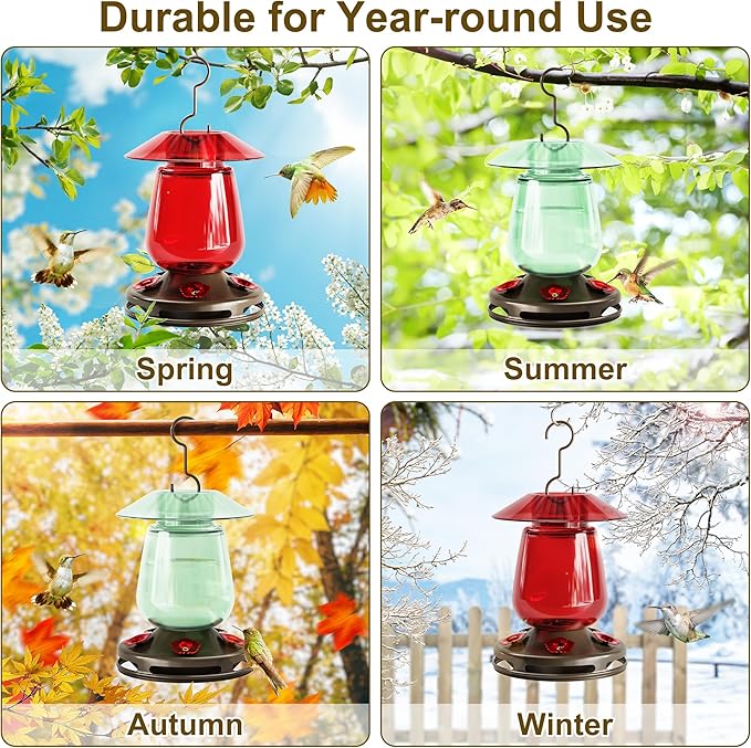 Auslar 16 Ounces Glass Hummingbird Feeders for Outdoors Hanging, Green Hummingbird Feeder with 5 Flower Feeding Ports & Built-in Ant Moat, Rustproof, Leakproof, Barn Lantern Shape