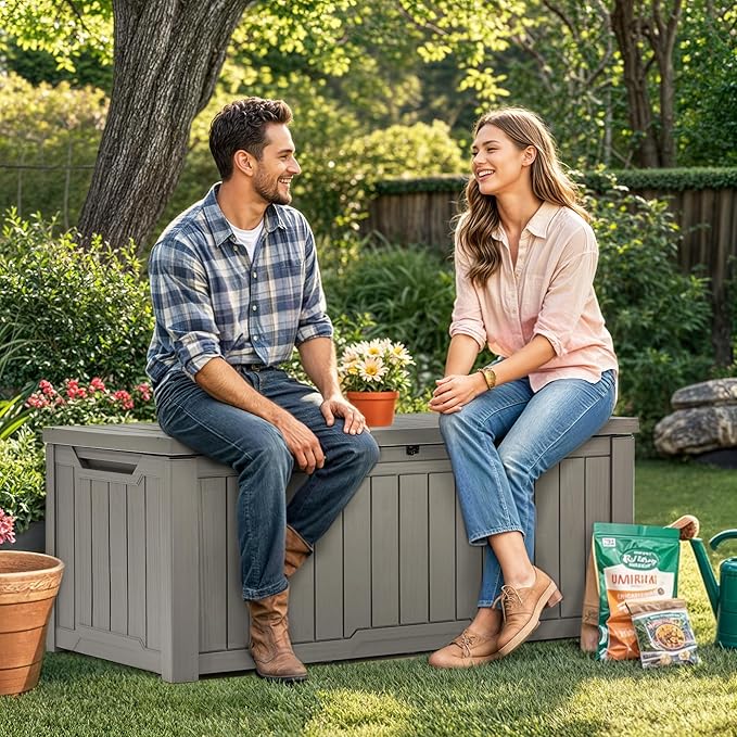YITAHOME 120 Gallon Resin Deck Box, Weather Resistant Outdoor Storage Box for Patio Cushions, Garden Tools, Pool Supplies, Lockable, Easy Assembly, Extra Seat or Table (Light Brown)