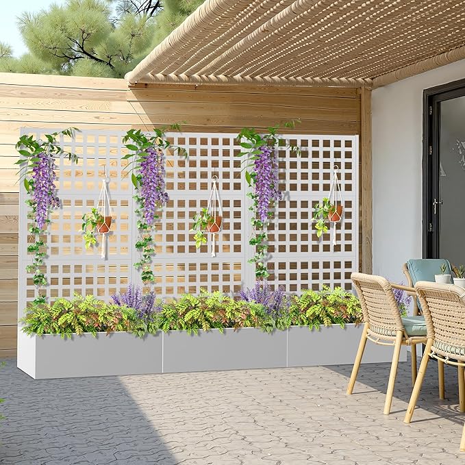 Metal Planter Box with Trellis, Heavy-Duty Raised Garden Bed for Climbing Plants, Drainage Hole, Outdoor Planter Box with Privacy Screen,35''L×16''W×71''H
