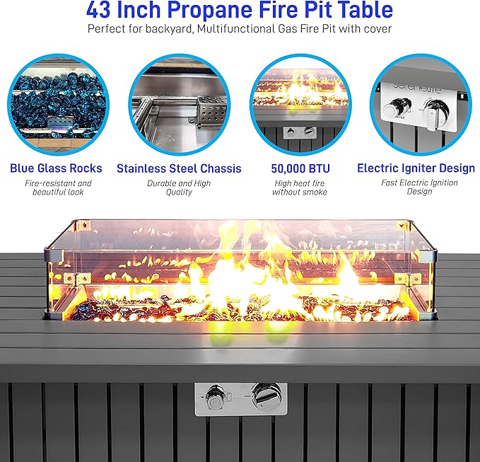 52 Inch Gas Fire Pit Table, 50,000 BTU Propane Pits for Outside with Steel Lid and Lava Rock, 2 in 1 Firepit Table Gatherings Parties on Patio Deck Garden Backyard