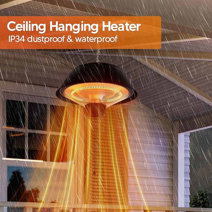 Electric Outdoor Heater, 1500W Outdoor Hanging Heater, Ceiling Mounted Infrared Patio Heater for Outdoor Use, Waterproof Electric Heater for Porch, Balcony, Garage, Adjustable Height, Black