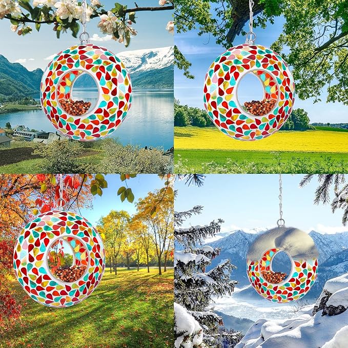 Yinns 9.5Inch Solar Mosaic Bird Feeder for Outside Hanging, Glass Birdfeeder with Round Shape Container, Bird Feeders Garden Decor