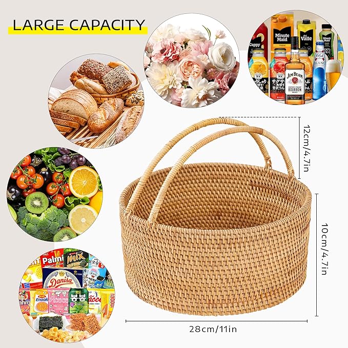 Rattan Picnic Basket with Handles, Round Wicker Gift Basket for Wedding, Camping(11"×11"×4")