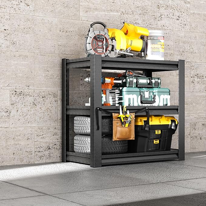 3-Tier Metal Shelf, Small Storage Shelves Heavy Duty Garage Shelving Organization, Utility Tool Storage Racks for Workshop Basement Kitchen Balcony (Black)