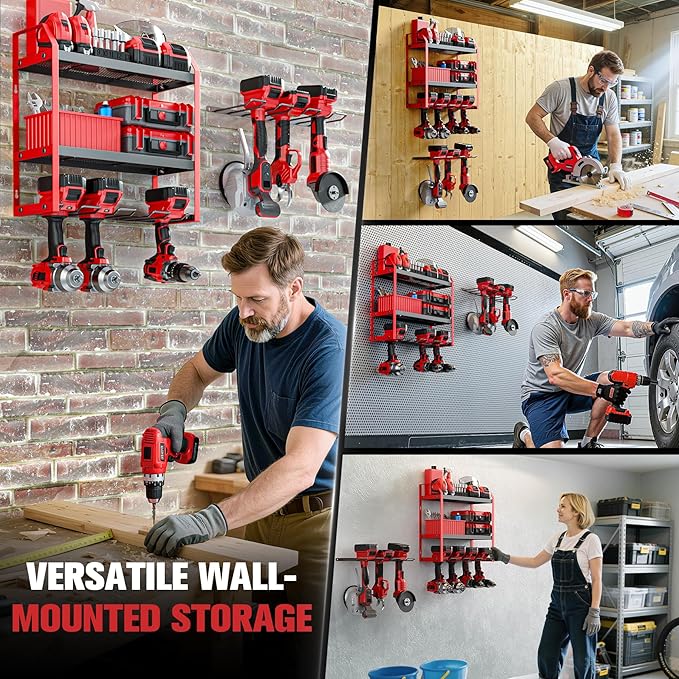 Power Tool Organizer Wall Mount with Extra Drill Holder, Red & Black Garage Storage Combo with Battery Storage, 4 Drill Slots Total, Heavy Duty Steel Tool Rack for Workshop Garage
