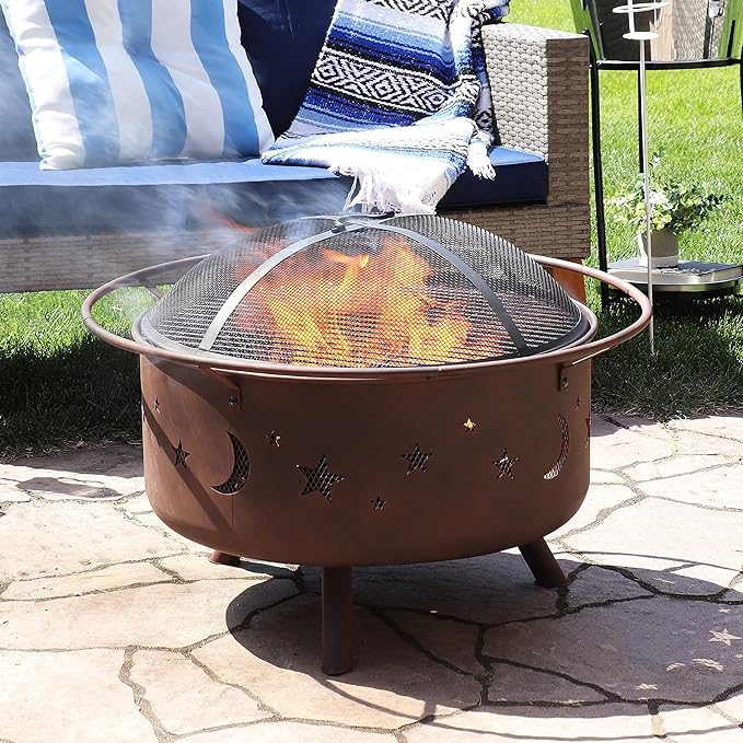 Sunnydaze Cosmic 30-Inch Outdoor Fire Pit - Wood Burning Fire Pit with Cooking BBQ Grill Grate, Spark Screen, and Fireplace Poker - Celestial Design