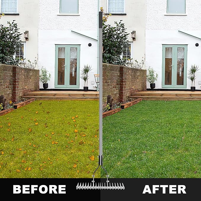 Thatch Rake - 15-Inch Wide Adjustable Handle Thatching Rakes, Adjustable Rake Head Weed Tool, Weed rake for Removing Dead Grass, Combing Lawn & Aerating Garden Soil