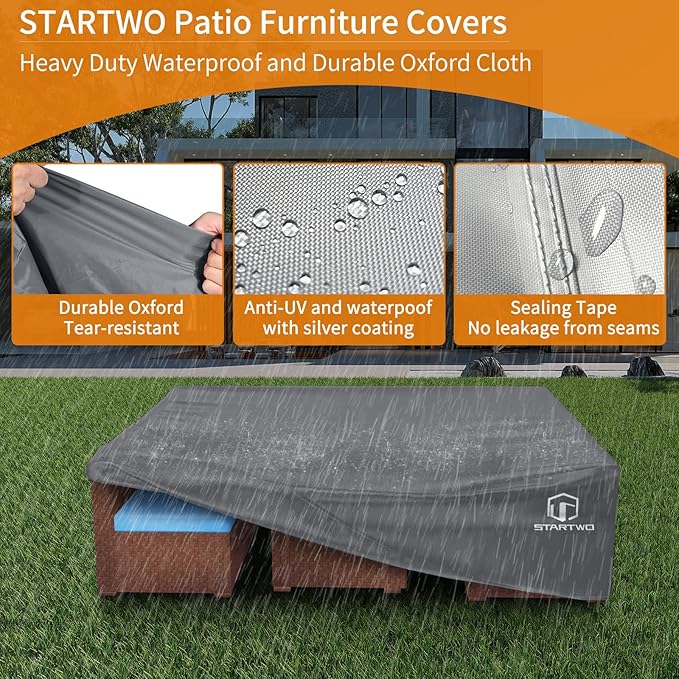 STARTWO Patio Furniture Covers Waterproof, Anti-UV Tear-Resistant 500D Heavy Duty 7-12 Seats Outdoor Furniture Cover for Sectional Sofa and Table Chairs, 110"x84"x28", Grey