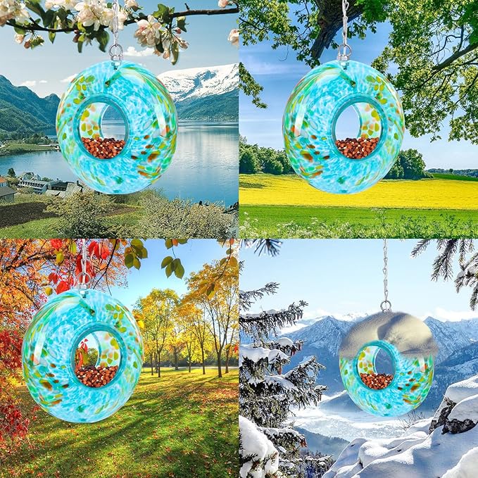 Yinns Bird Feeder - Fly Through Bird Feeders for Outside Hanging with Round Shape Glass Container, Solar Birdsfeeder for Yard Garden Decor, 8-Inch