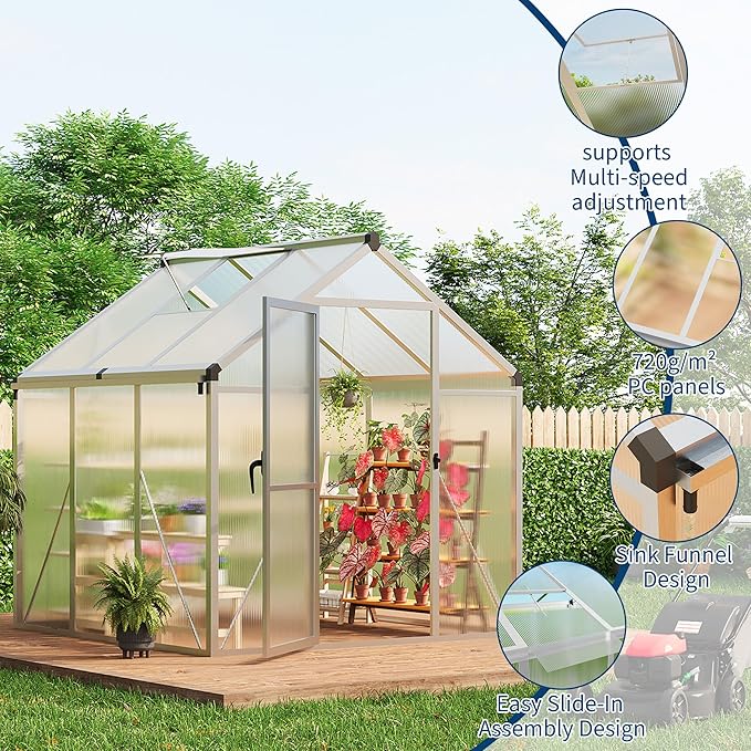 6x6 FT Greenhouse for Outdoors, Polycarbonate Greenhouse with Roof Vent, Ground Nails, Lockable Push Door, Aluminum Large Walk-in Green House for Outside Garden Backyard, Patio, Lawn, Silver