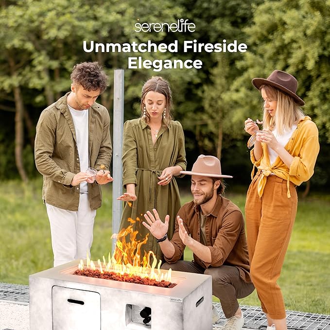 Serenelife Fire Pit Table - 50,000 BTU Propane Gas Fire Pit with Adjustable Flame & Stainless Steel Burner, Weather Resistant, Easy Propane Access, Perfect for Parties & BBQs with Elegant Lava Rock