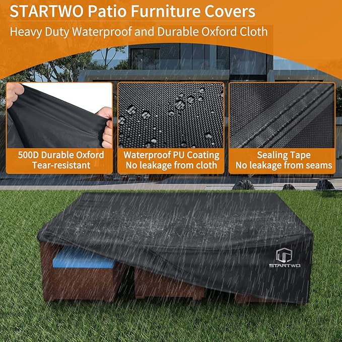 STARTWO Patio Furniture Covers Waterproof, Anti-UV Tear-Resistant Heavy Duty 7-12 Seats Outdoor Furniture Cover for Sectional Sofa, Patio Table Cover, 108" Lx82 Wx28 H, Black