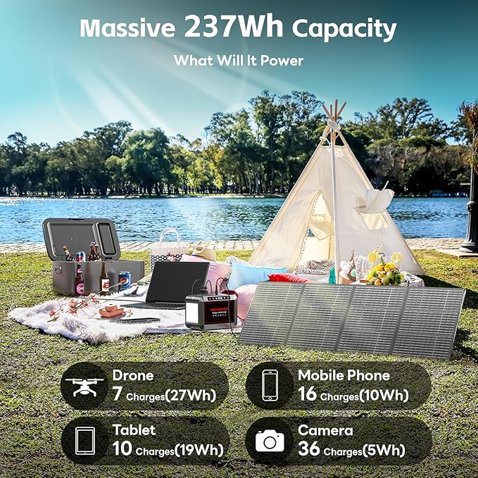MARBERO 237Wh Solar Generator with Solar Panel Included Portable Power Station 300W Pure Sine Wave with Foldable Solar Panel 60W Set for Camping Outdoor Hiking Fishing Emergency