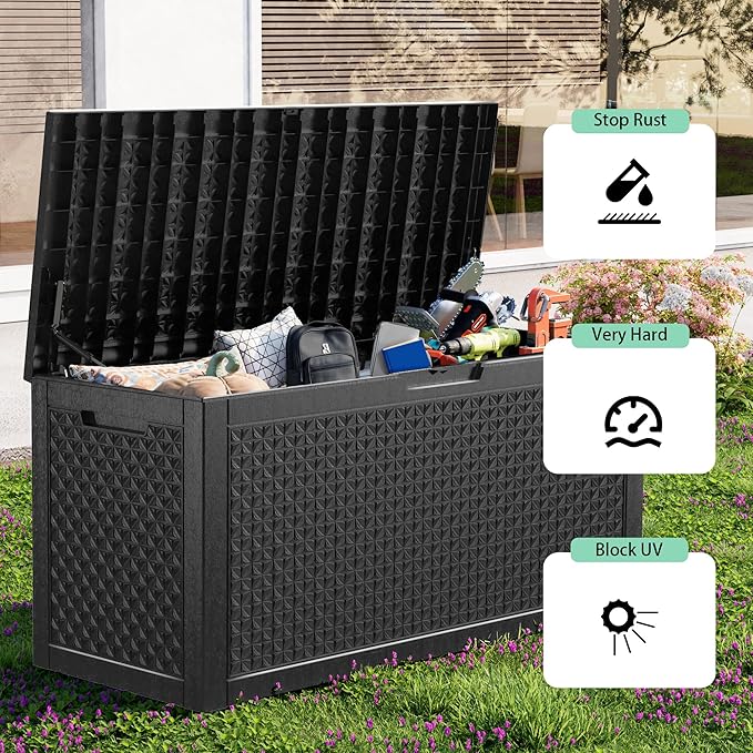 100 Gallon Resin Deck Box, Lockable Outdoor Storage Box for Patio Cushions Storage Furniture,Garden Tools, Pool Supplies, Weatherproof and UV Resistant(Black L)