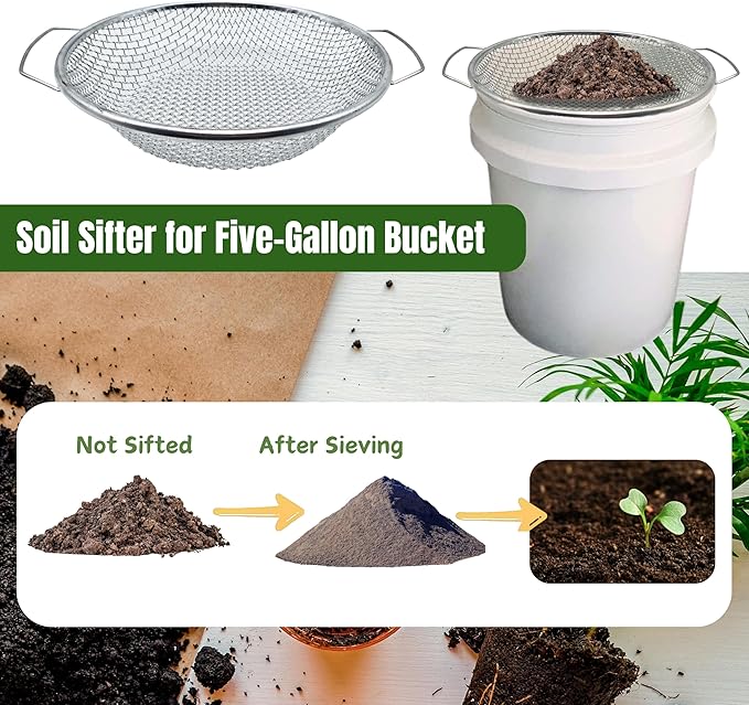 2PCS Soil Sifter for Gardening, Rock Sifter for 5gallon Bucket, Dirt Sifter Compost Sifter, Sifter for Gravel Sawdust Vermicompost, 3mm, 6mm Soil Sifter with Handle