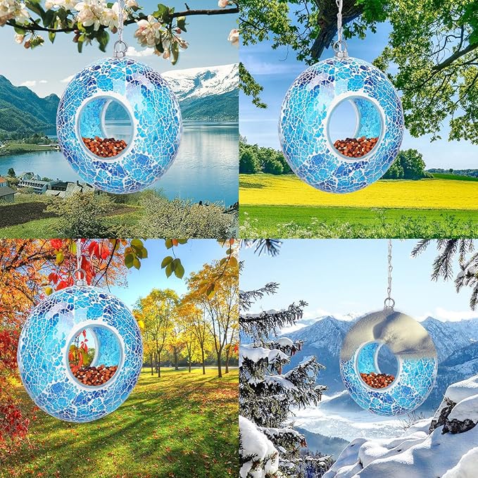 Yinns Solar Bird Feeder - Mosaic Fly Through Bird Feeders for Outside Hanging with Round Shape Glass Container Birdfeeder for Garden Decor, 8 Inch