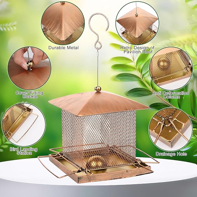 Bird Feeder, Heavy Duty Metal Bird Feeders for Outdoors Hanging, 3.5LB Large Capacity Squirrel Proof BirdFeeders with Rainproof Roof, for Garden Yard Outside Backyard