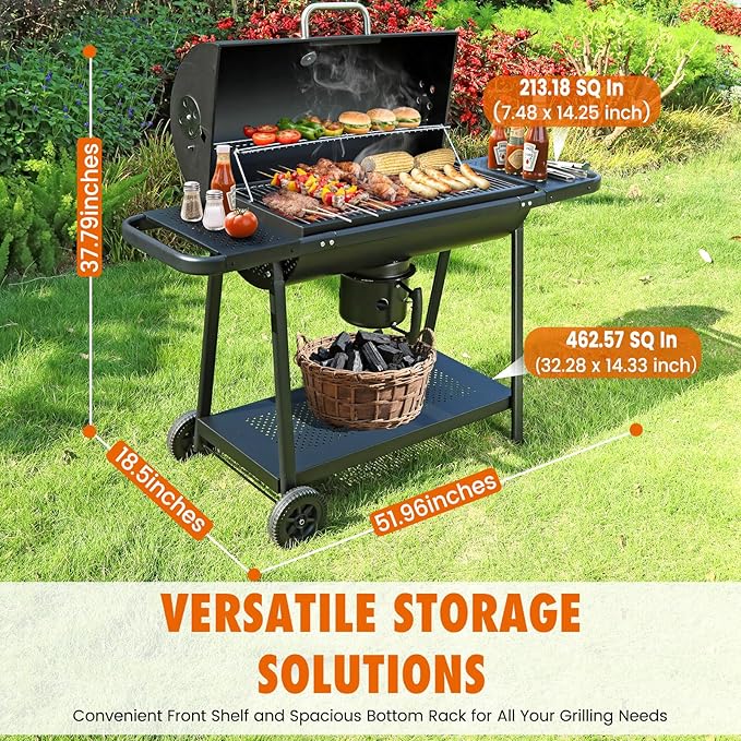 Realcook BBQ Barrel Charcoal Grill: Spacious Premium Outdoor Barbecue Grills with Side Tables - Perfect for Outdoor Cooking Backyard Grilling Patio Tailgating Camping Picnic and Party