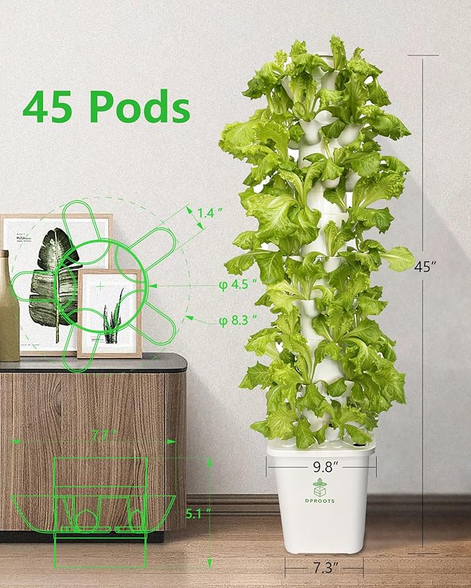 Hydroponic Tower Growing System,45 Pods Vertical Garden,Suitable for Indoor and Greenhouse, Grow Herbs and Vegetables,Houseplant Farming with Water Circulation and Automatic Timer