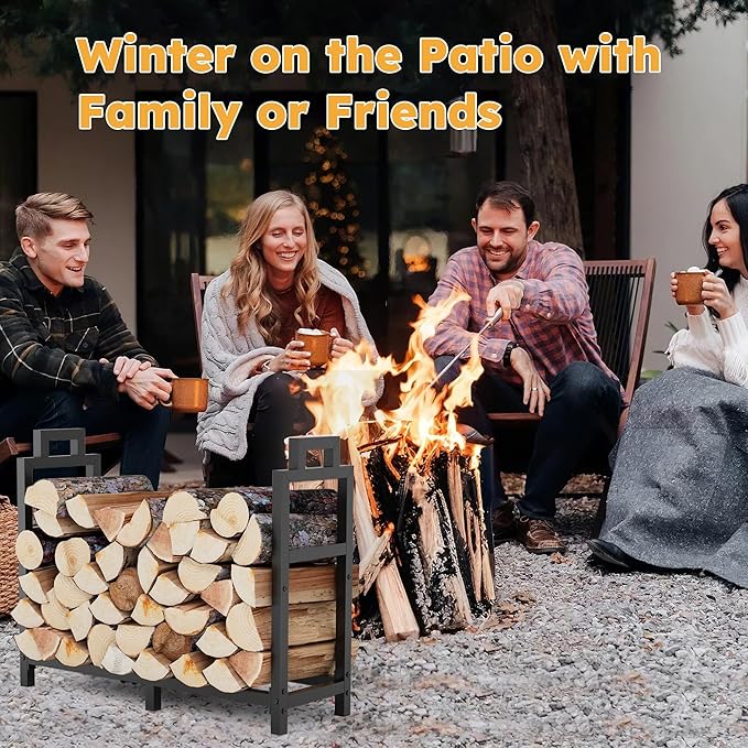 30 Inch Firewood Rack Outdoor Indoor with Handle and Log Carrier Bag, Stable Metal Wood Rack Heavy Duty Log Holder for Fireplace Patio Deck, Rustproof Firewood Storage Organizer Tool, Black, Square