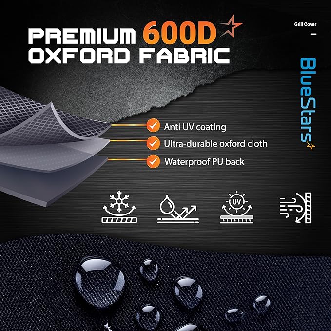 BlueStars 58 inch Grill Cover – Heavy‑Duty Waterproof 600D BBQ Cover for Outdoor Gas Grills, Compatible with Genesis, Weber, Char‑Broil & Nexgrill Models, UV & Rip‑Resistant, Black