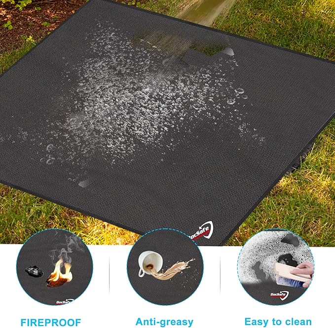 DocSafe Large Under Grill Mat 48" Square Fire Pit Mat,4 Layers Fireproof Grill Pads Protect for Deck,Patio,Outdoor Charcoal,Smokers,Wood Floor,Indoor Fireplace,Reusable Oil-Proof&Waterproof,Black